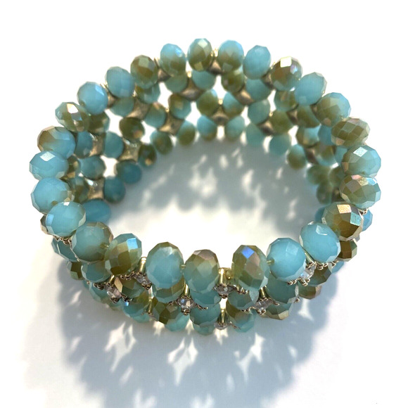 Beaded Stretch Bracelet Thick Aqua Blue Green Faceted beads & white rhinestones - Picture 2 of 7